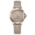 Damenuhr mit grauem Lederarmband, roségoldfarbenem Gehäuse und grauem Zifferblatt mit römischen Zahlen