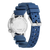 Armbanduhr Rückansicht: blaues Silikonarmband mit Löchern, Edelstahlboden