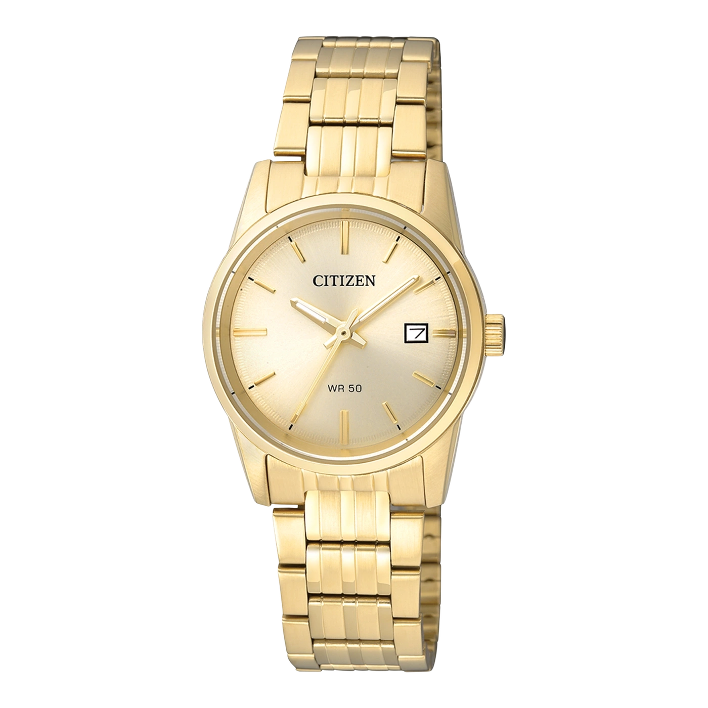 Citizen Damenuhr mit goldfarbenem Edelstahlband, beigem Zifferblatt und Datumsanzeige
