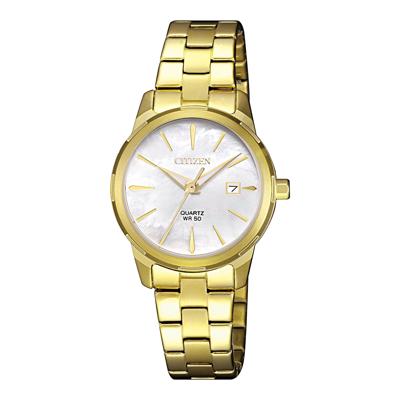 Citizen Damenuhr mit goldfarbenem Metallarmband, weißem Zifferblatt und Datumsanzeige