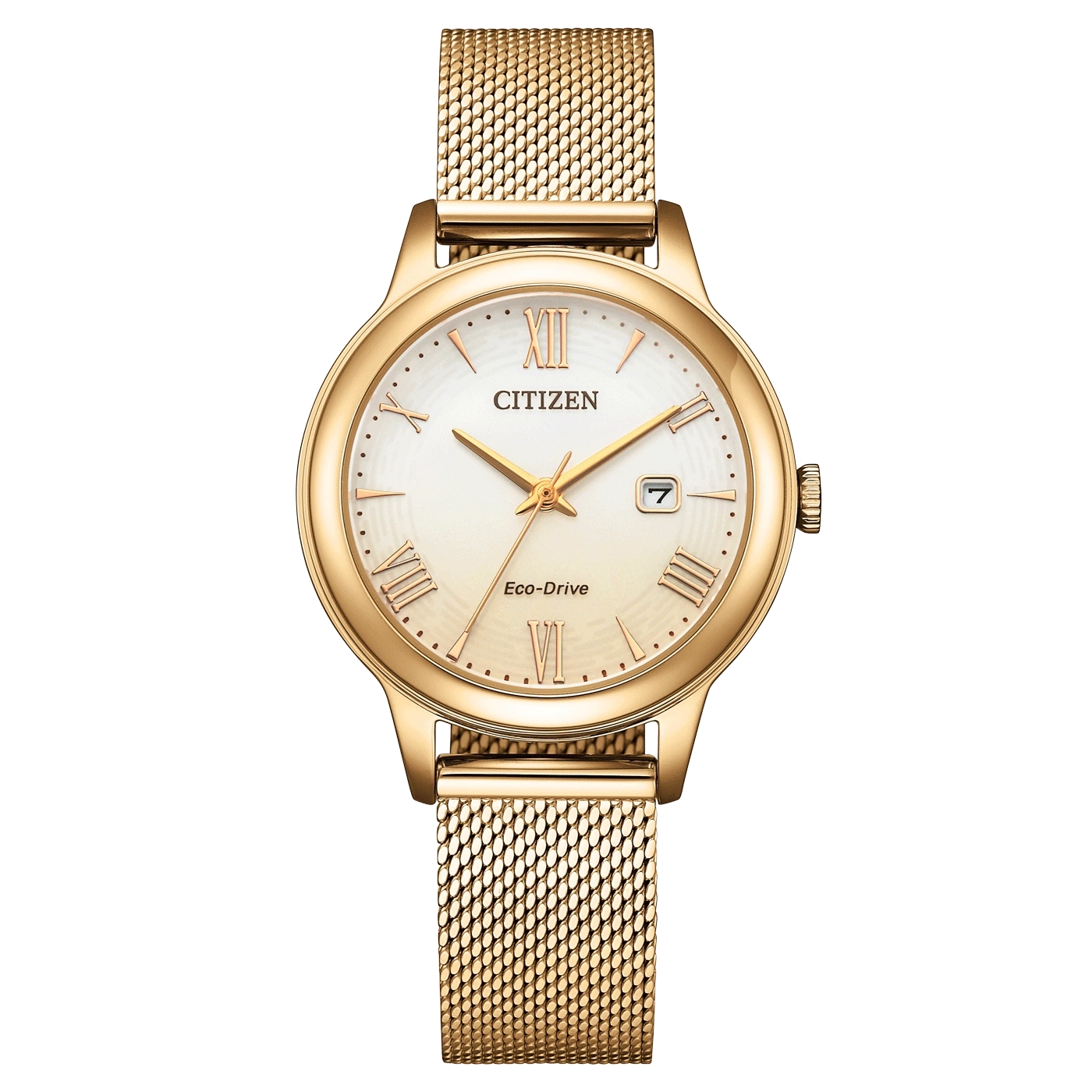Armbanduhr mit Milanaiseband, goldfarben, Zifferblatt mit römischen Ziffern und Eco-Drive