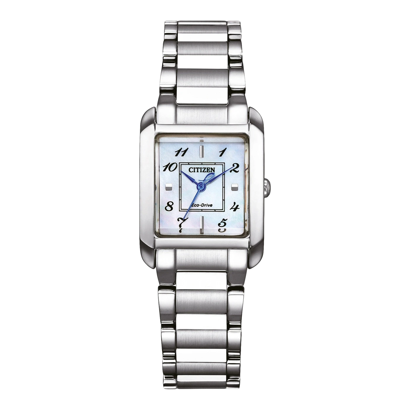 Damenarmbanduhr mit silbernem Metallarmband, eckigem Gehäuse und Perlmutt-Zifferblatt