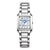 Damenarmbanduhr mit silbernem Metallarmband, eckigem Gehäuse und Perlmutt-Zifferblatt