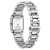 Damenarmbanduhr von der Seite mit silbernem Gehäuse und Schrift auf der Rückseite