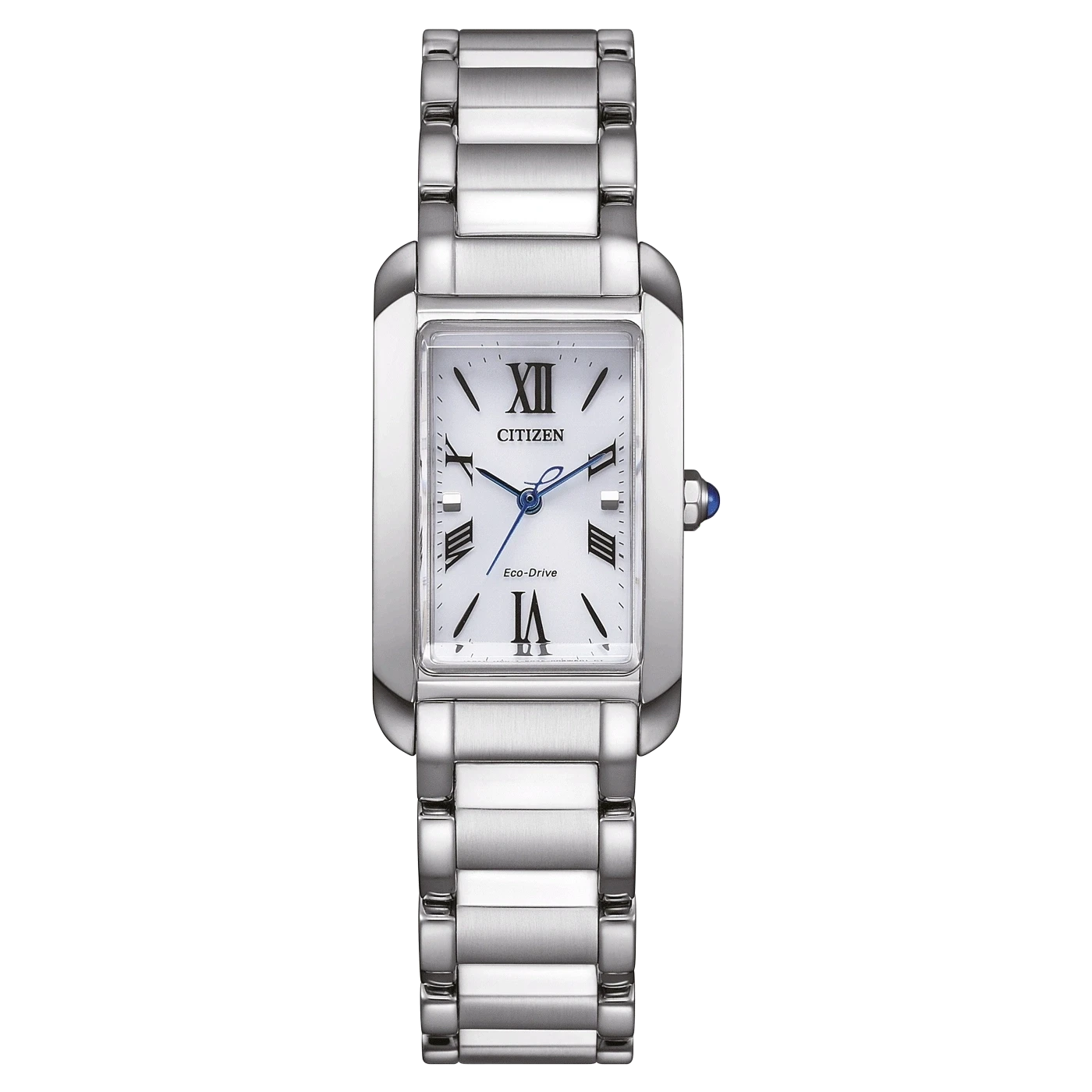 Montre bracelet femme Citizen : bracelet en acier inoxydable argenté, cadran rectangulaire à chiffres romains