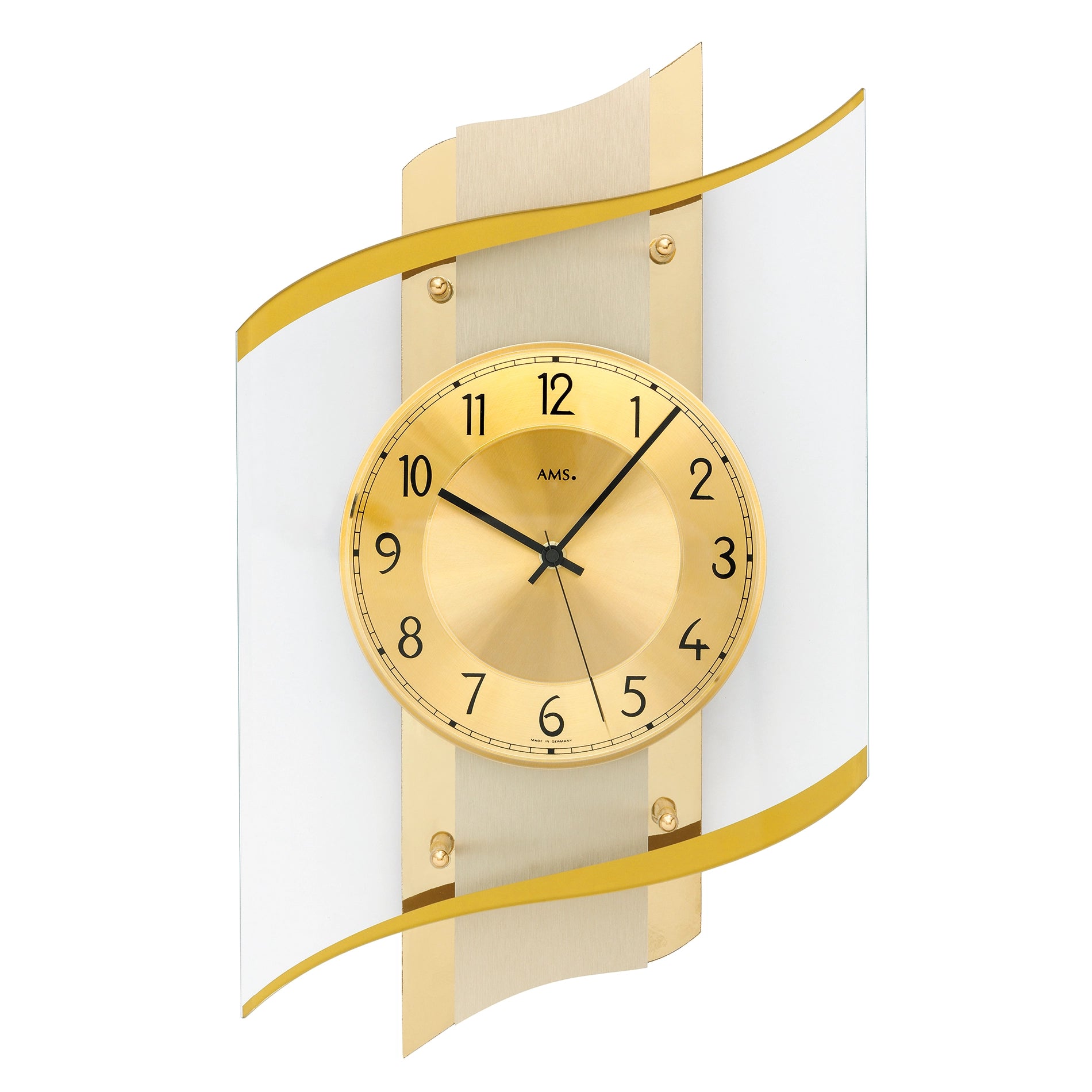Horloge murale avec cadran rond doré, aiguilles noires et cadre doré incurvé