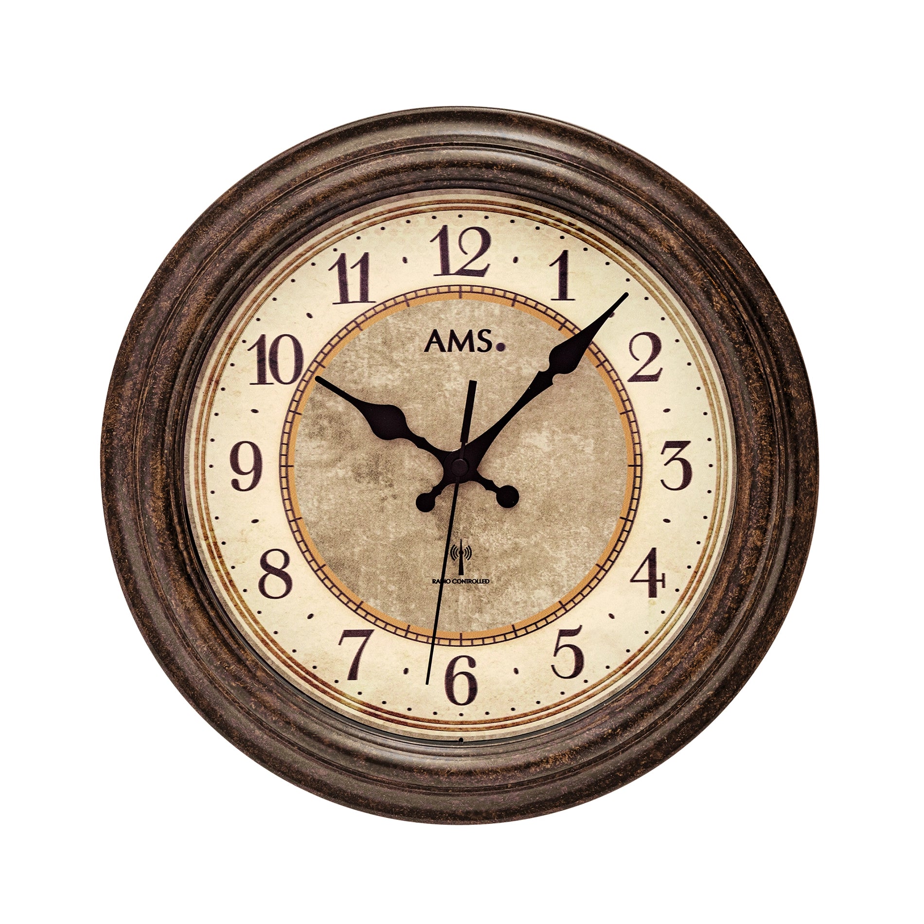 Horloge murale avec cadre rond brun antique et cadran crème, aiguilles noires