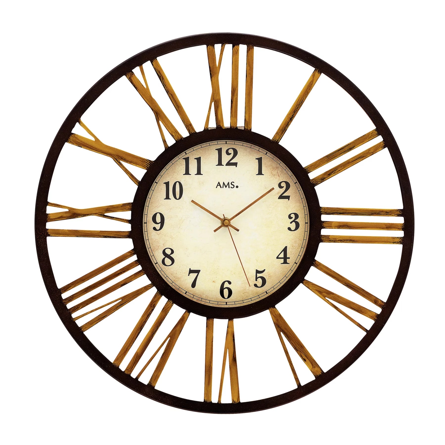 Horloge murale avec cadran vintage, rayons dorés et cadre en métal marron, Ø 50 cm
