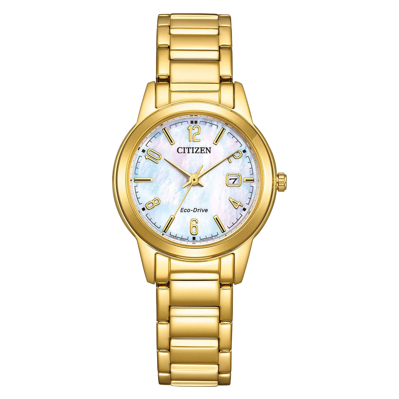 Damenarmbanduhr mit goldfarbenem Edelstahlarmband und Eco-Drive Zifferblatt