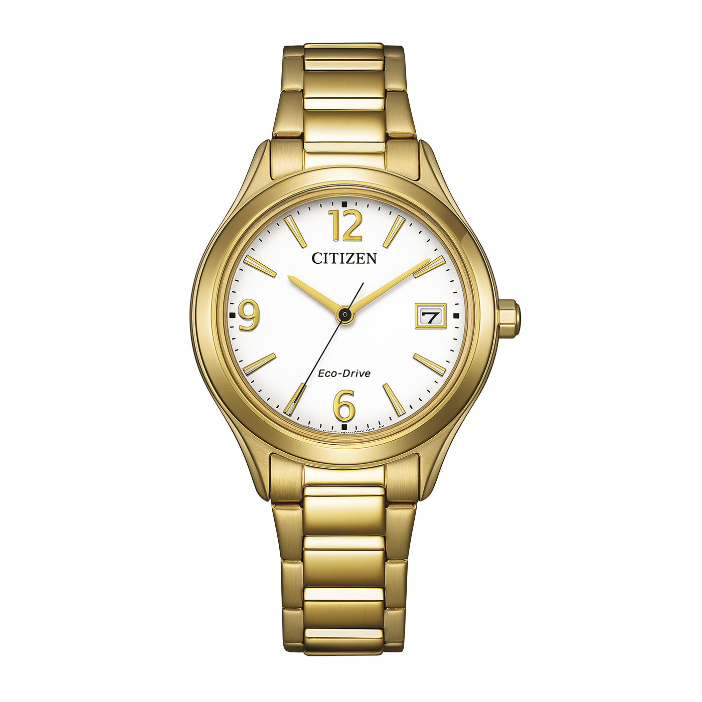 Montre pour femme dorée avec cadran blanc, bracelet en métal et guichet date à 7 heures