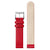 Rotes Lederarmband der Damenuhr mit beigem Innenfutter und Lochreihe für die Größe.
