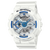 G-Shock Herrenuhr mit weißem Gehäuse, blau-weißem Zifferblatt und mehreren Anzeige-Feldern