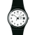 Swatch-Armbanduhr mit schwarzem Gehäuse, weißem Zifferblatt und Datumsfenster bei 3