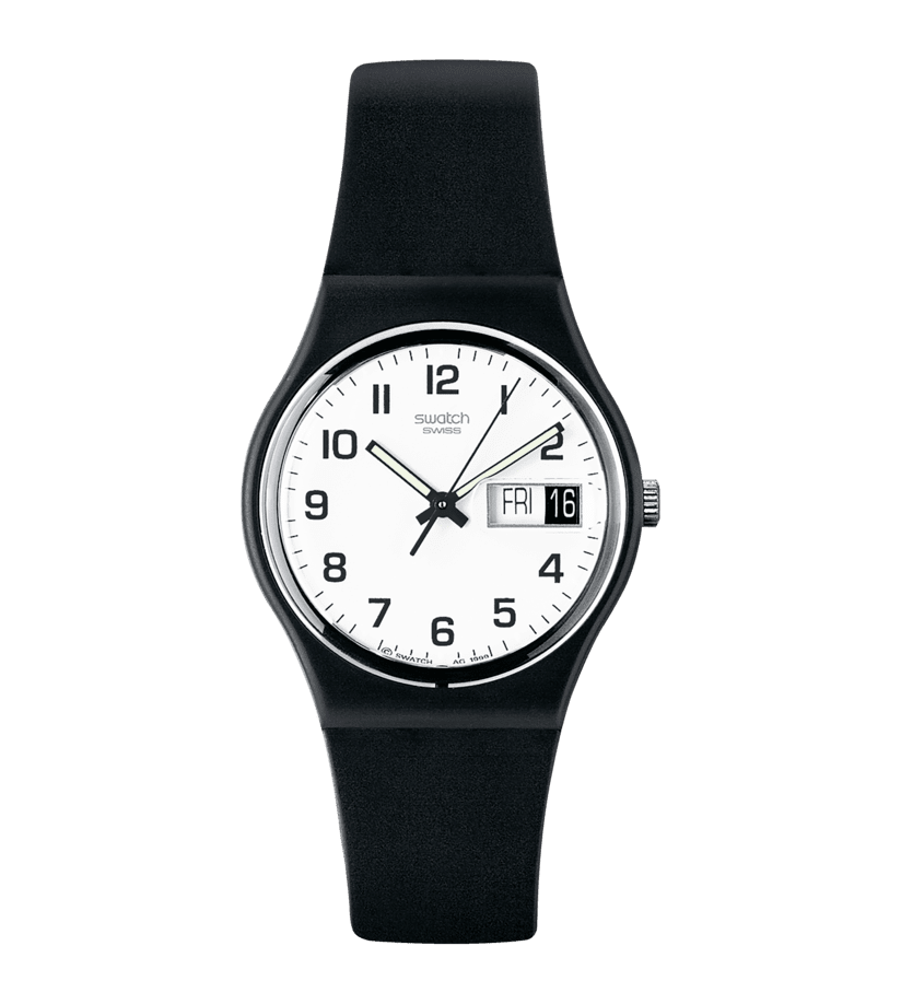 Swatch-Armbanduhr mit schwarzem Silikonarmband, weißem Zifferblatt und Datumsfenster