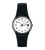 Swatch-Armbanduhr mit schwarzem Silikonarmband, weißem Zifferblatt und Datumsfenster