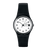 Swatch-Armbanduhr mit schwarzem Silikonarmband, weißem Zifferblatt und Datumsanzeige