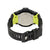 Vue arrière G-Shock, partie du boîtier argentée avec cadre vert, bracelet noir.