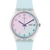 Swatch Damenarmbanduhr mit hellem Silikonarmband, rundes Ziffernblatt und „FRI 28“