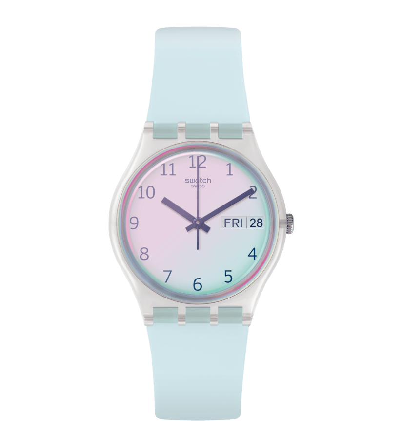 Swatch Damenarmbanduhr mit hellem Silikonarmband, rundem Glas und Farb-Ziffernblatt