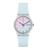 Swatch Damenarmbanduhr mit hellem Silikonarmband, blaues Ziffernblatt und „FRI 28“