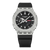 Casio G-Shock Herrenuhr frontal: silberne Metall-Lünette, schwarzes Zifferblatt, schwarzes Armband