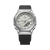 Casio G-Shock Armbanduhr mit hellgrauem Zifferblatt, silbernem Gehäuse und schwarzem Harzband.