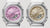 Casio G-Shock Uhr doppelt: links violettes, rechts goldfarbenes Zifferblatt; silberne Lünette