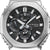 Casio G-Shock Zifferblatt in Nahaufnahme: schwarze Anzeige, silberne Indizes und Chronograf.