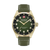 Armbanduhr mit goldenem Gehäuse, grünem Zifferblatt und grünem Lederarmband