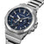 Casio G-Shock Herrenuhr Nahansicht: blaues Zifferblatt, silbernes Edelstahlgehäuse, Metallarmband