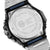 Rückseite Casio G-Shock Herrenuhr mit Aufdruck und silberfarbenem Edelstahlgehäuse