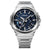 Casio G-Shock Herrenuhr Vorderansicht: blau gestreiftes Zifferblatt, silbernes Metallarmband