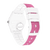 Damenuhr von hinten: weißes Gehäuse mit rosa Stoff-Inlay am Silikonarmband