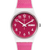 Damenuhr im Frontdetail: pinkes Zifferblatt, rosa Silikonarmband, weißes Gehäuse