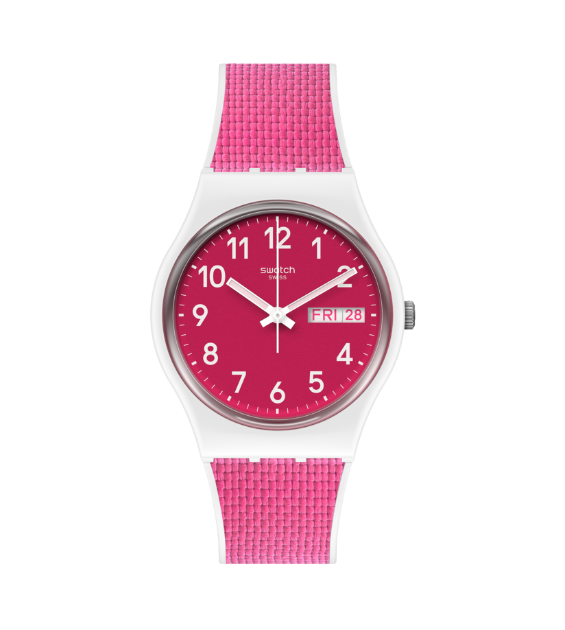 Damenuhr mit rosa Silikonarmband und pinkem Zifferblatt, weißem Gehäuse