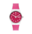 Damenuhr mit rosa Silikonarmband und pinkem Zifferblatt, weißes Gehäuse im Vorderblick