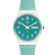 Swatch Armbanduhr Vorderansicht: weißes Gehäuse, türkisfarbenes Zifferblatt mit Datum