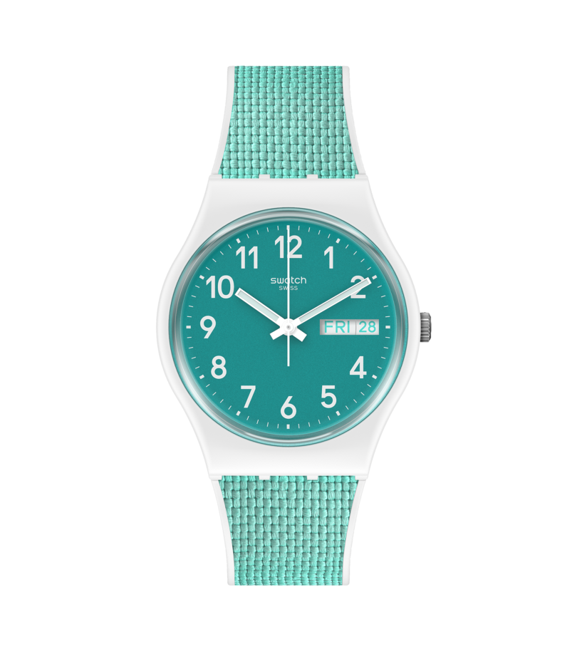 Swatch Armbanduhr mit weißem Silikonarmband und türkisfarbenem Zifferblatt