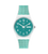 Swatch Armbanduhr mit weißem Silikonarmband und türkisfarbenem Zifferblatt