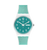 Swatch Armbanduhr frontal: türkisfarbenes Zifferblatt und weißes Silikonarmband