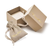 Schmuckbox und Staubbeutel aus beigem Stoff, mit goldener Aufschrift