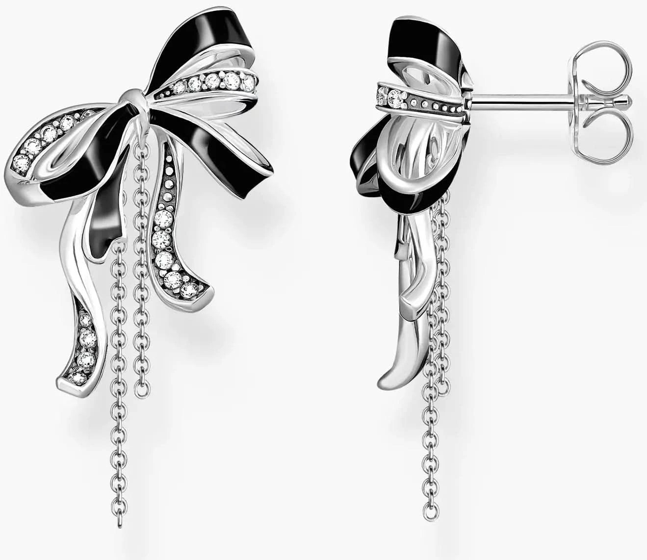 Boucles d'oreilles nœud en argent avec détails nœud scintillants et chaînes pendantes