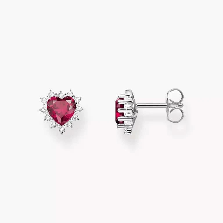 Clous d'oreilles cœur en argent avec pierre rouge et zirconias scintillants