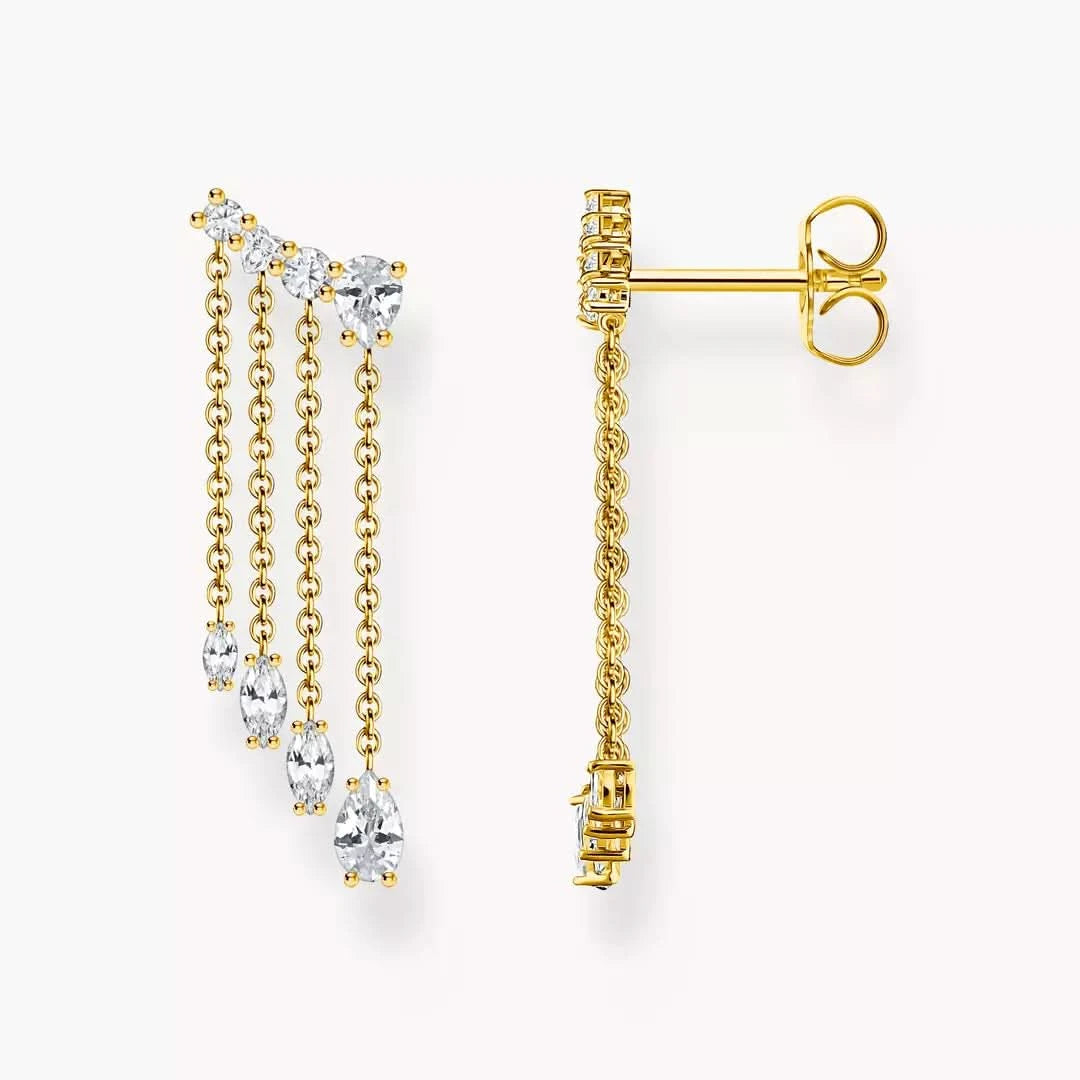 Boucles d'oreilles cascade plaquées or avec pierres de verre blanches et longues chaînes