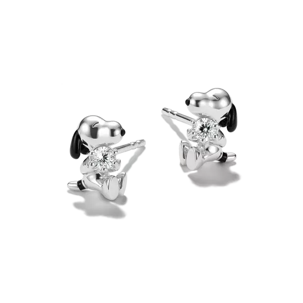 Boucles d'oreilles Snoopy en argent sterling 925 avec zircone cubique blanche, finition brillante