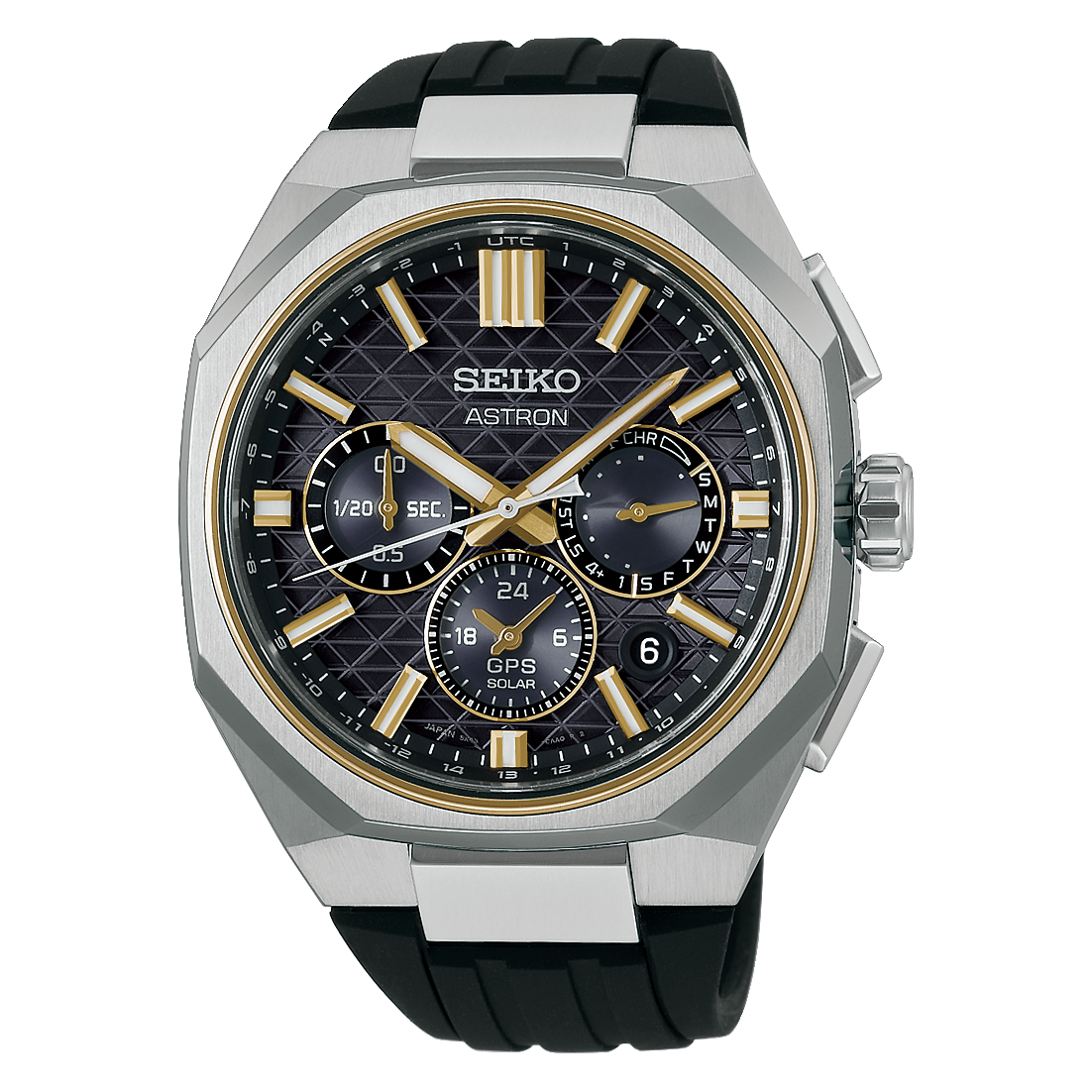 SEIKO Herrenarmbanduhr bicolor mit schwarzem Zifferblatt, goldfarbener Lünette und silbernem Gehäuse
