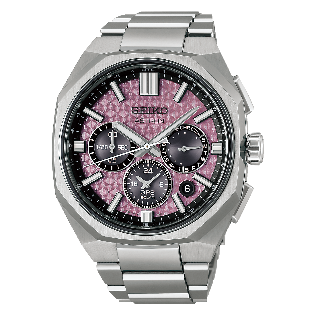 Herrenarmbanduhr Titan mit schwarzem und rosafarbenem Chronograph-Zifferblatt, Edelstahlband