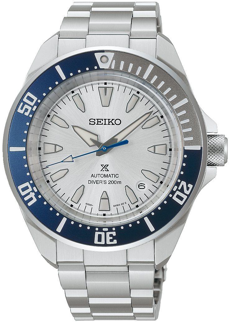 Seiko herrklocka med armband i silverfärgat rostfritt stål, blå boett och vit urtavla