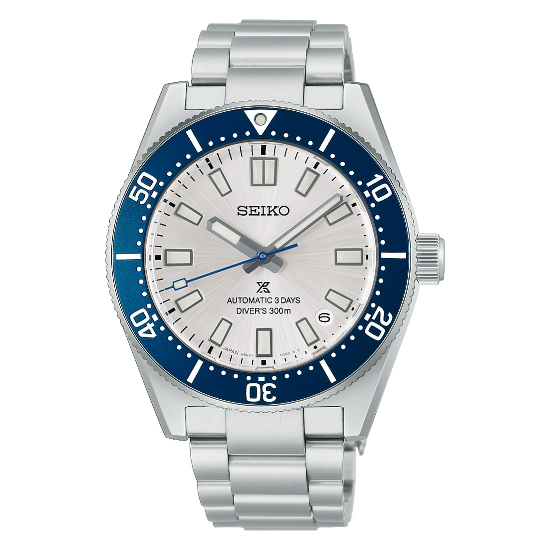 Seiko Prospex Taucherarmbanduhr: blau-weiße Lünette, weißes Zifferblatt, Edelstahlarmband