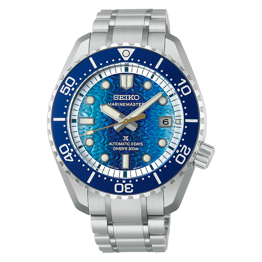 Seiko Marinemaster Herrenarmbanduhr mit blauem Zifferblatt und strukturierter Taucherlünette aus Edelstahl